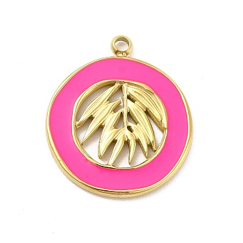304 Stainless Steel Enamel Pendants, Golden, Flat Round with Leaf Charm, Deep Pink, 18x16x1mm, Hole: 1.6mm