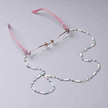 Synthetic Turquoise Eyeglasses Chains, Neck Strap for Eyeglasses, with Glass Beads, Glass Pearl Beads and Iron Findings, 735~755mm, Beads: 4~4.5mm, Hole: 3x4~6mm