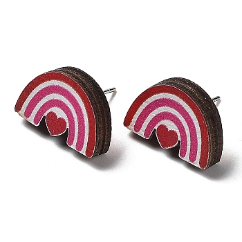 Valentine's Day Theme Printing Wood Stud Earrings for Women, with 316 Stainless Steel Pins, Rainbow, 11x16.5mm