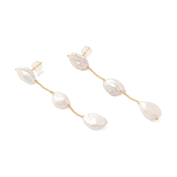 Sterling Silver Studs Earrings, with Natural Pearl, Jewely for Women, Oval, Real 18K Gold Plated, 60x9mm