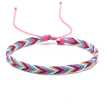 Wax Ropes Braided Woven Cord Bracelet, Ethnic Tribal Adjustable Bracelet for Women, Hot Pink, Inner Diameter: 2-1/8~2-1/2 inch(5.5~6.5cm)