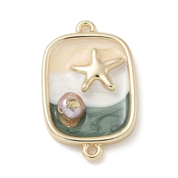 Brass Enamel Rectangle with Starfish Connector Charms, with ABS Imitation Pearl, Real 18K Gold Plated, Cadet Blue, 23x14.5x5mm, Hole: 1.2mm