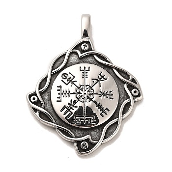 304 Stainless Steel Big Pendants, Rhombus with Viking Symbol Helm of Awe Charms, Antique Silver, 65x50x6.5mm, Hole: 9x4mm