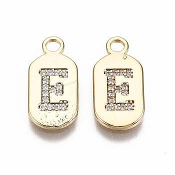 Brass Micro Pave Clear Cubic Zirconia Pendants, Nickel Free, Real 18K Gold Plated, Oval with Word, Letter.E, 16x7.5x1.5mm, Hole: 1.8mm