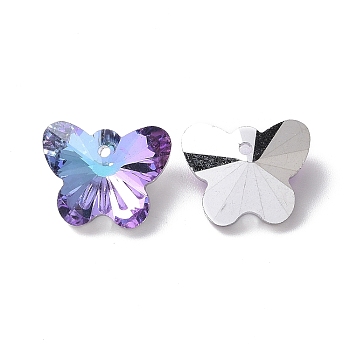 Transparent Glass Pendants, Faceted, Butterfly Charms, Back Silver Plated, Purple, 12x15x8mm, Hole: 1.5mm