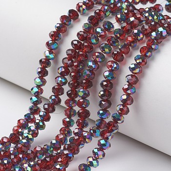 Electroplate Transparent Glass Beads Strands, Half Multi-color Plated, Faceted, Rondelle, Dark Red, 4x3mm, Hole: 0.4mm, about 130pcs/strand, 16.54 inch(42cm)