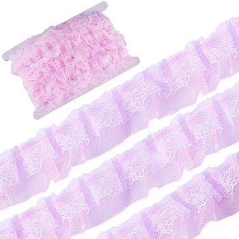 12.5 Yards Double Layers Polyester Lace Trim, Pleated Ribbon, for Garment Accessories, Pink, 1~1-1/8 inch(25~28mm)