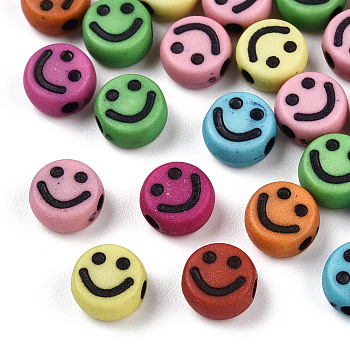 Opaque Craft Acrylic Beads, Flat Round with Smiling Face, Mixed Color, 7x3.5mm, Hole: 1.5mm, about 363pcs/50g