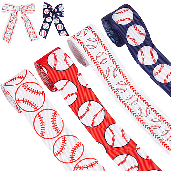 20 Yards 4 Styles Baseball Print Polyester Grosgrain Ribbon, Clothes Accessories, Party Supplies, Mixed Color, 1-1/2 inch(38mm), 5 yards/style