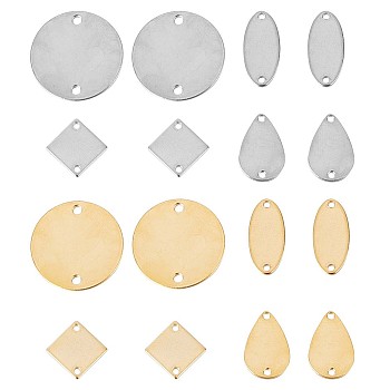 32Pcs 8 Styles Stainless Steel connector Charms, Geometric Links, Teardrop & Flat Round & Oval & Rhombus, Golden & Silver, 12.5~20x8~20x0.5~1mm, Hole: 1.2~1.8mm, 4pcs/style