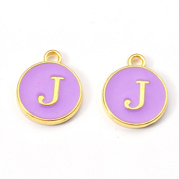 Golden Plated Alloy Enamel Charms, Enamelled Sequins, Flat Round with Letter, Medium Purple, Letter.J, 14x12x2mm, Hole: 1.5mm