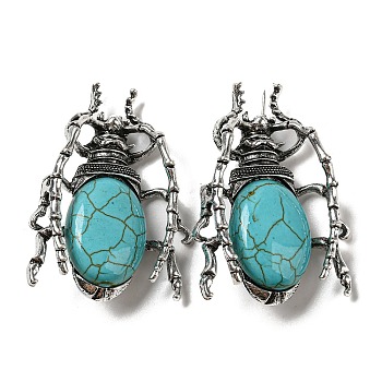 Dual-use Items Alloy Brooch, with Synthetic Turquoise, Spider, 49.5x35.5x15~16mm, Hole: 4x2.5mm