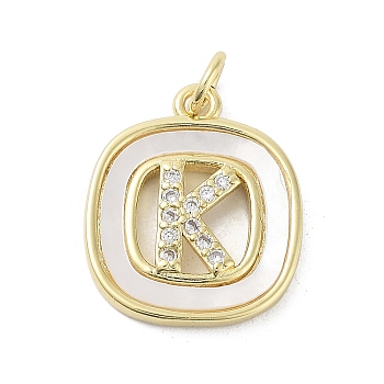 Rack Plating Brass Micro Pave Clear Cubic Zirconia Pendants, with Shell, Cadmium Free & Lead Free, Long-Lasting Plated, Real 18K Gold Plated, with Jump Ring, Letter K, 17.5x15x2.5mm, Hole: 3mm