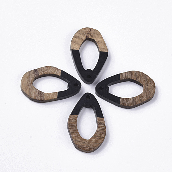 Resin & Walnut Wood Pendants, Teardrop, Black, 28x17.5x3mm, Hole: 1.8mm