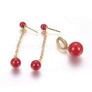 Brass Pendants and Dangle Earrings Sets, with Shell Pearl and Cubic Zirconia, Round, Red, Earrings: 50~50.5mm, Pin: 0.8mm, Pendants: 16x12mm, Hole: 3.5x9.5mm(SJEW-F189-23A-G)