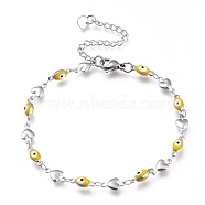 304 Stainless Steel Link Bracelets, with Enamel and Lobster Claw Clasps, Evil Eye & Heart, Stainless Steel Color, Yellow, 8-1/8 inch(20.5cm), Eye: 10x4x3.5mm(BJEW-M203-05P-B)