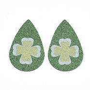PU Leather Big Pendants, with Glitter Powder, teardrop, with Clover Pattern, Green, 56x37x1.5mm, Hole: 1.2mm(X-FIND-S311-006C)
