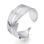 304 Stainless Steel Feather Open Cuff Ring for Women, Stainless Steel Color, US Size 8(18.1mm)(RJEW-N040-30)