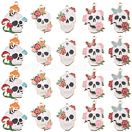 20pcs 5 style Halloween Alloy Pendants, with Enamel, Light Gold, Skull with Crow/Rose/Mushroom, Mixed Color, 28~30x20~24x1mm, Hole: 1.6~2mm, 4pcs/style(ENAM-SC0004-49)