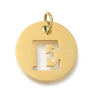 Ion Plating(IP) 304 Stainless Steel Pendants, with Jump Ring, Laser Cut, Flat Round with Letter Charm, Real 18K Gold Plated, Letter E, 20x1mm, Hole: 4.5mm(STAS-M074-01G-E)