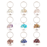 2 Sets Natural & Synthetic Mixed Stone Keychain, with Stainless Steel Split Rings and Alloy Pendant, Flat Round with Tree of Life, 55mm, Pendant: 28x25.5x5~6mm, 9pcs/set(KEYC-FH0001-15)