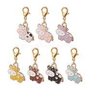 Cute Cow Alloy Enamel Pendant Decorations, Zinc Alloy Lobster Clasps Charm, Clip-on Charms, for Keychain, Purse, Backpack, Mixed Color, 30mm, 7pcs/set(HJEW-JM00881)