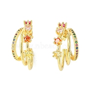 Colorful Cubic Zirconia Stud Claw with Flower Stud Earrings, Rack Plating Brass Triple Line Half Hoop Earrings for Women, Real 18K Gold Plated, 22.5x22x1.5~13.5mm, Pin: 0.7mm(EJEW-F312-02G)