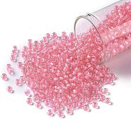 TOHO Round Seed Beads, Japanese Seed Beads, (191B) Opaque Hot Pink-Lined Rainbow Clear, 8/0, 3mm, Hole: 1mm, about 1110pcs/50g(SEED-XTR08-0191B)