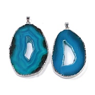 Natural Agate Big Pendants, Oval Charms, Dyed & Heated, with Platinum Plated Brass Findings, Blue, 50~62x33~43x5~7mm, Hole: 7.5x4.5mm(KK-F868-29P-02)