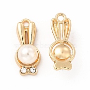 Rack Plating Eco-friendly Alloy Crystal Rhinestone Pendants, with ABS Plastic Imitation Pearl, Rabbit Head with Bowknot Charm, Golden, 20.5x9x7mm, Hole: 1.8mm(FIND-A025-06G)