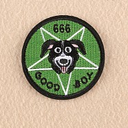 Computerized Embroidery Cloth Iron on/Sew on Puppy Patches, Costume Accessories, Appliques, Flat Round with Dog Head, Word Good Boy, Green, 7.2x7cm(DIY-F030-15H)