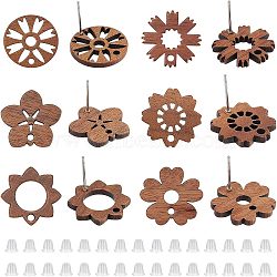 Nbeads 36Pcs 6 Style Walnut Wood Stud Earring Findings, with 316 Stainless Steel Pin and Hole, Flower, with 36Pcs Plastic Ear Nut, Tan, 17~17.5x17~18mm, Hole: 1.8mm, Pin: 0.7mm, 6Pcs/style(MAK-NB0001-11)