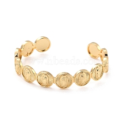Flat Round with Virgin Mary Brass Cuff Bangles, Open Ring for Women, Lead Free & Cadmium Free, Real 18K Gold Plated, Inner Diameter: 2-1/4x1-5/8 inch(5.7x4.2cm)(BJEW-I298-08G)