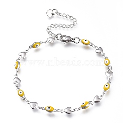 304 Stainless Steel Link Bracelets, with Enamel and Lobster Claw Clasps, Evil Eye & Heart, Stainless Steel Color, Yellow, 8-1/8 inch(20.5cm), Eye: 10x4x3.5mm(BJEW-M203-05P-B)