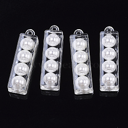 Transparent Acrylic Pendants, with ABS Plastic Imitation Pearl, Rectangle, White, 39.5x11x9.5mm, Hole: 2mm(TACR-R146-014)