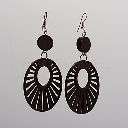 Trendy Flat Round Wood Dangle Earrings, with Platinum Plated Iron Earring Hooks, Coconut Brown, 90.5x49mm, Pin: 0.8mm(EJEW-F0090-12B)