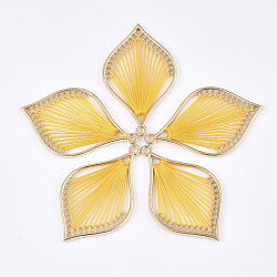 Cotton Thread Woven Pendants, with Alloy Findings, Leaf, Golden, Gold, 43x26.5x2mm, Hole: 1.8mm(FIND-S306-03F)