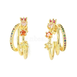 Colorful Cubic Zirconia Stud Claw with Flower Stud Earrings, Rack Plating Brass Triple Line Half Hoop Earrings for Women, Real 18K Gold Plated, 22.5x22x1.5~13.5mm, Pin: 0.7mm(EJEW-F312-02G)