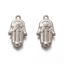 Non-Tarnish 201 Stainless Steel Pendants, Hamsa Hand/Hand of Fatima/Hand of Miriam, Stainless Steel Color, 20.5x12x3.5mm, Hole: 1.6mm(STAS-H125-44P)