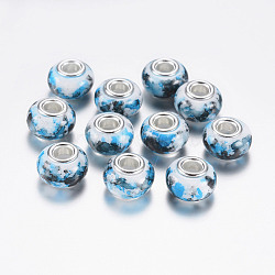 Large Hole Rondelle Resin European Beads, with Silver Tone Brass Cores, Deep Sky Blue, 14x9mm, Hole: 5mm(RPDL-P003-A013)