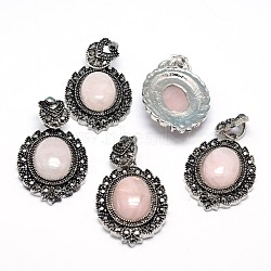 Natural Rose Quartz Gothic Pendants, with Antique Silver Plated Zinc Alloy Rhinestone Findings, Oval, Lead Free & Nickel Free, Total Length: 47~48.5mm, Hole: 5x7mm, Oval Pendant: 39~40x27~27.5x7.5~9mm(G-F228-18G-FF)