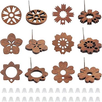 Nbeads 36Pcs 6 Style Walnut Wood Stud Earring Findings, with 316 Stainless Steel Pin and Hole, Flower, with 36Pcs Plastic Ear Nut, Tan, 17~17.5x17~18mm, Hole: 1.8mm, Pin: 0.7mm, 6Pcs/style