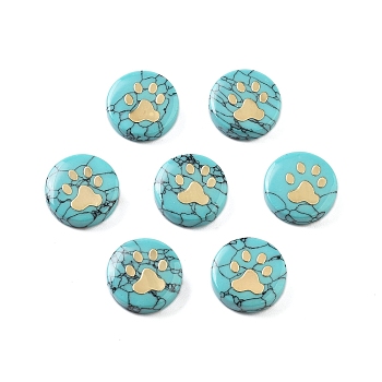 Synthetic Turquoise Beads, with Golden Tone Brass Slices, Flat Round, Paw Print, 15x4mm, Hole: 1mm