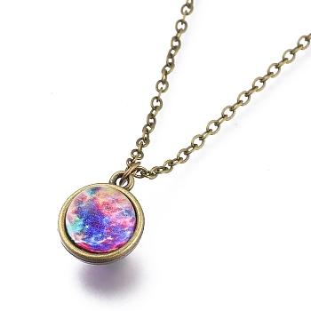 Glass Pendant Necklace, with Alloy Cable Chains and Lobster Claw Clasps, Cadmium Free & Lead Free, Round, Galaxy Pattern, 20.07 inch(51cm), Pendants: 18x15x14mm