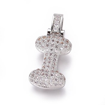 Platinum Plated Brass Micro Pave Cubic Zirconia Pendants, Letter, Letter.I, 29mm, Hole: 3.5x5mm, letter: 23x12.5x5.5mm