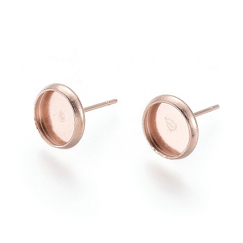 304 Stainless Steel Stud Earring Settings, Flat Round, Rose Gold, Tray: 8mm, 10mm, Pin: 0.8mm