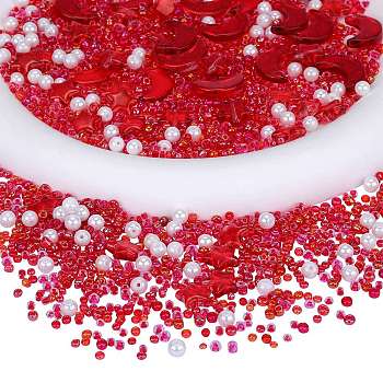 2 Bag Glass & Seed Beads, with Glitter Powder, Imitation Pearl & Transparent & Inside Colours, Moon & Star & Round, Red, 2~16x2~11.5mm, Hole: 0.8~1.2mm