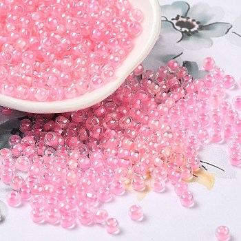 Glass Seed Beads, Inside Colours Lustered, Round, Pink, 4x3mm, Hole: 1.4mm, about 7650pcs/pound