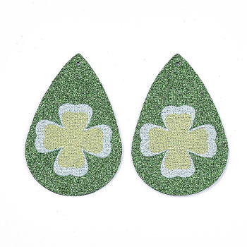 PU Leather Big Pendants, with Glitter Powder, teardrop, with Clover Pattern, Green, 56x37x1.5mm, Hole: 1.2mm