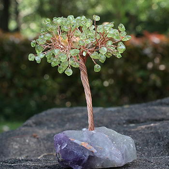 Natural Prehnite Chips Tree Decorations, Ntural Fluorite Base with Copper Wire Feng Shui Energy Stone Gift for Home Office Desktop Decoration, 80x120mm